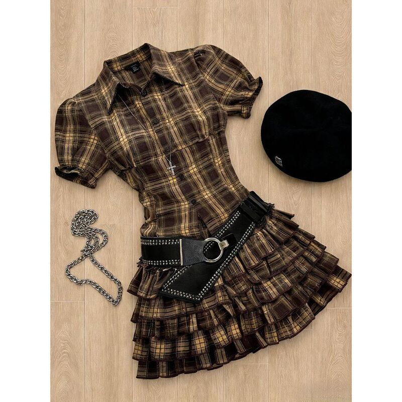 Brownie Cake Vintage Style Short Skirt Vintage College Style Brown Plaid Short-Sleeved High-Waisted Pleated Dress for Women