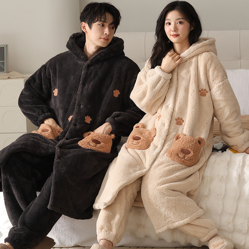 Coral Fleece Couple Pajamas Women's Autumn and Winter Nightgown Men's fleece-lined Thickened Bathrobe Cartoon Dinosaur Flannel suit