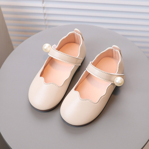 Children's Small Leather Shoes for Girls, Fashion Solid Color Flat Shoes with Large Pearls, Princess Shoes for Little Girls, Soft Sole Dance Shoes