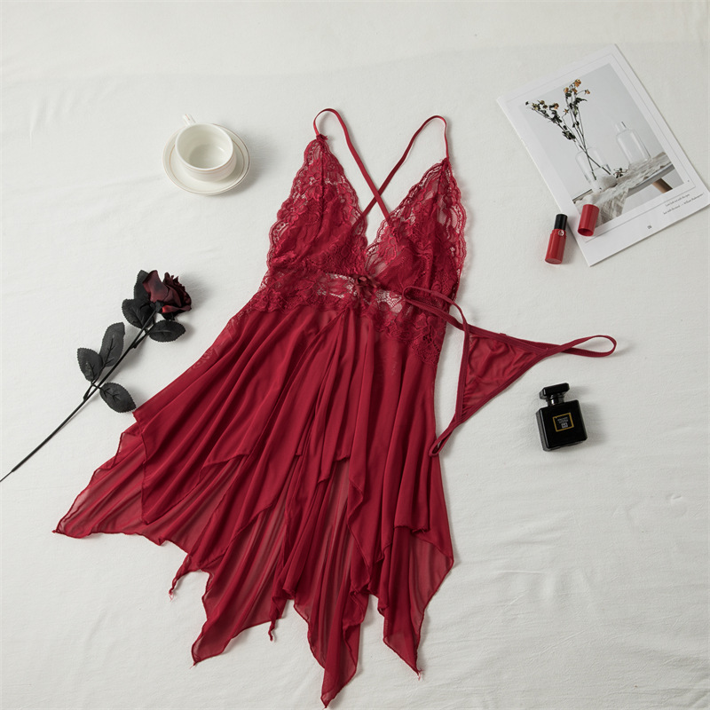 新款情趣内衣女士性感睡衣透视装吊带睡裙蕾丝不规则诱惑裙摆7318|ms