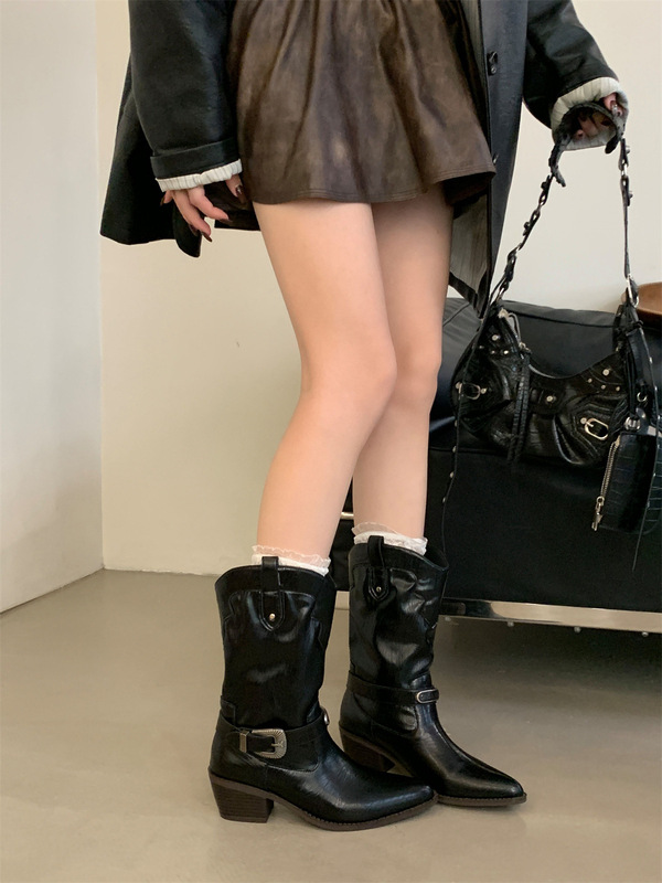 复古皮带扣中筒骑士靴女2025秋冬新款方头粗跟显瘦西部牛仔靴|undefined