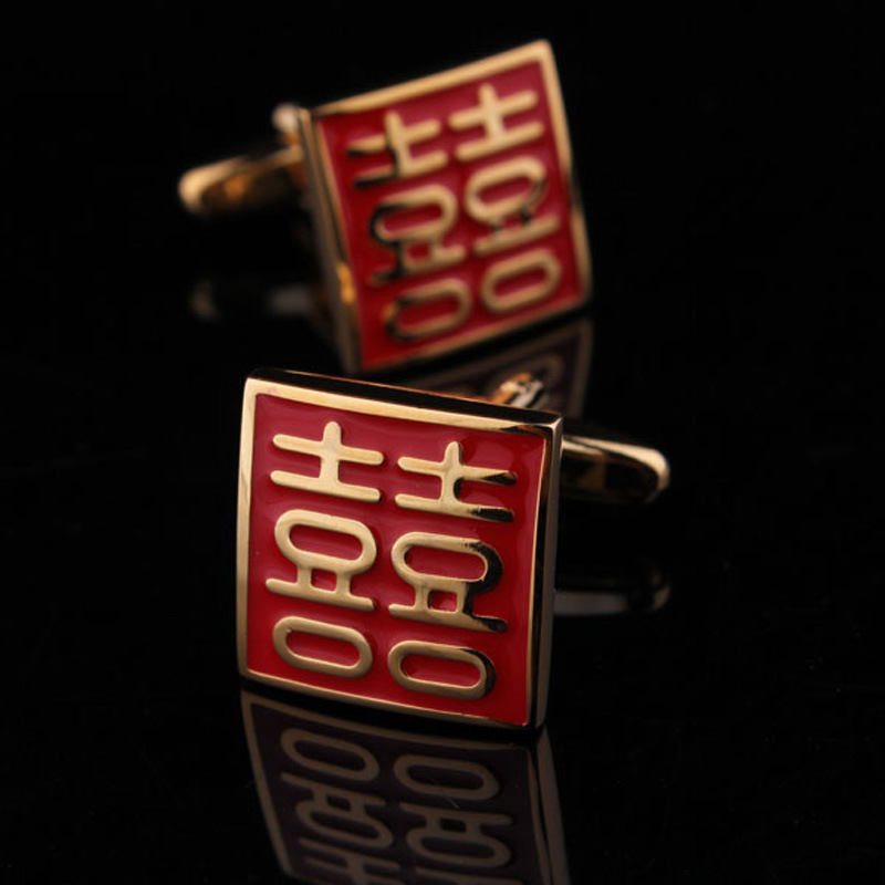 Square red double happiness cufflinks gold