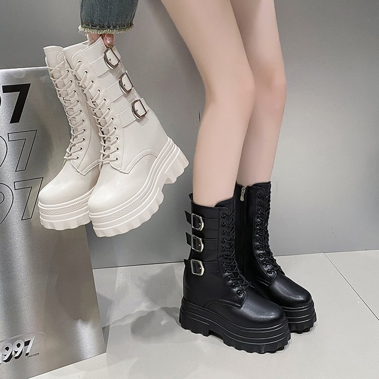 Autumn and Winter New Thick-Soled Platform Sole Non-Slip Side Zipper Women's Solid Color Fashion Mid-Calf Martin Boots Women's Shoes