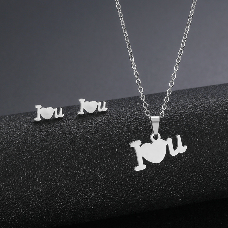 Stainless Steel Heart-Shaped Necklace Amazon Letter I Love You Necklace and Earring Suit Female I Lo