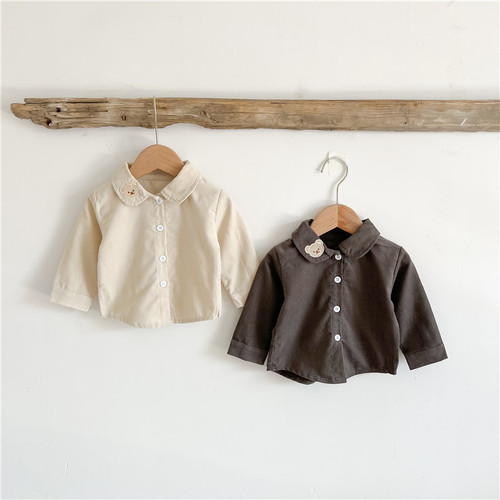 Spring and autumn clothes for boys and girls, bear embroidered Korean style simple corduroy long-sleeved handsome tops