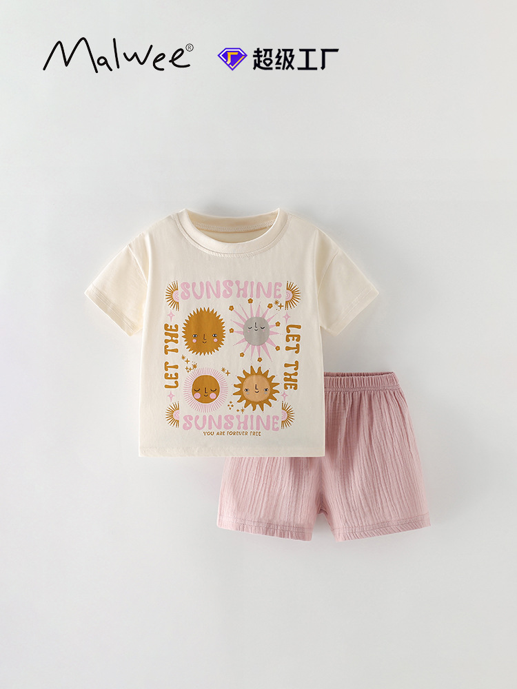 Malwee transfronterizo niñas dos piezas de verano nuevo estilo europeo y americano de niños de cuello redondo camiseta casual pantalones ropa infantil