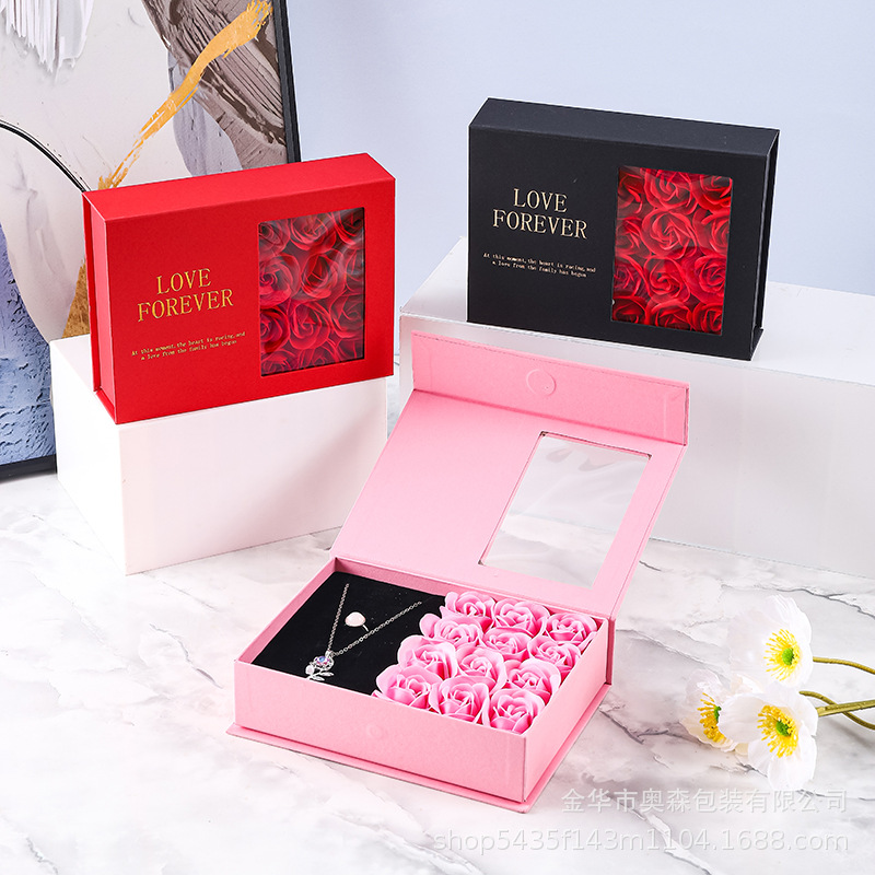 Fabricante al por mayor caja de joyería con tapa plegable, caja de collar de aretes, caja de joyería de alta calidad, caja de regalo de San Valentín, caja de regalo de cumpleaños