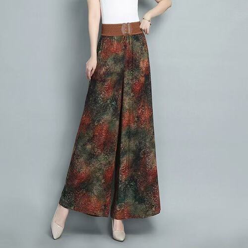 Summer new style wide-leg pants skirt casual fashionable high-waist stripe temperament elastic mom culottes printed pants