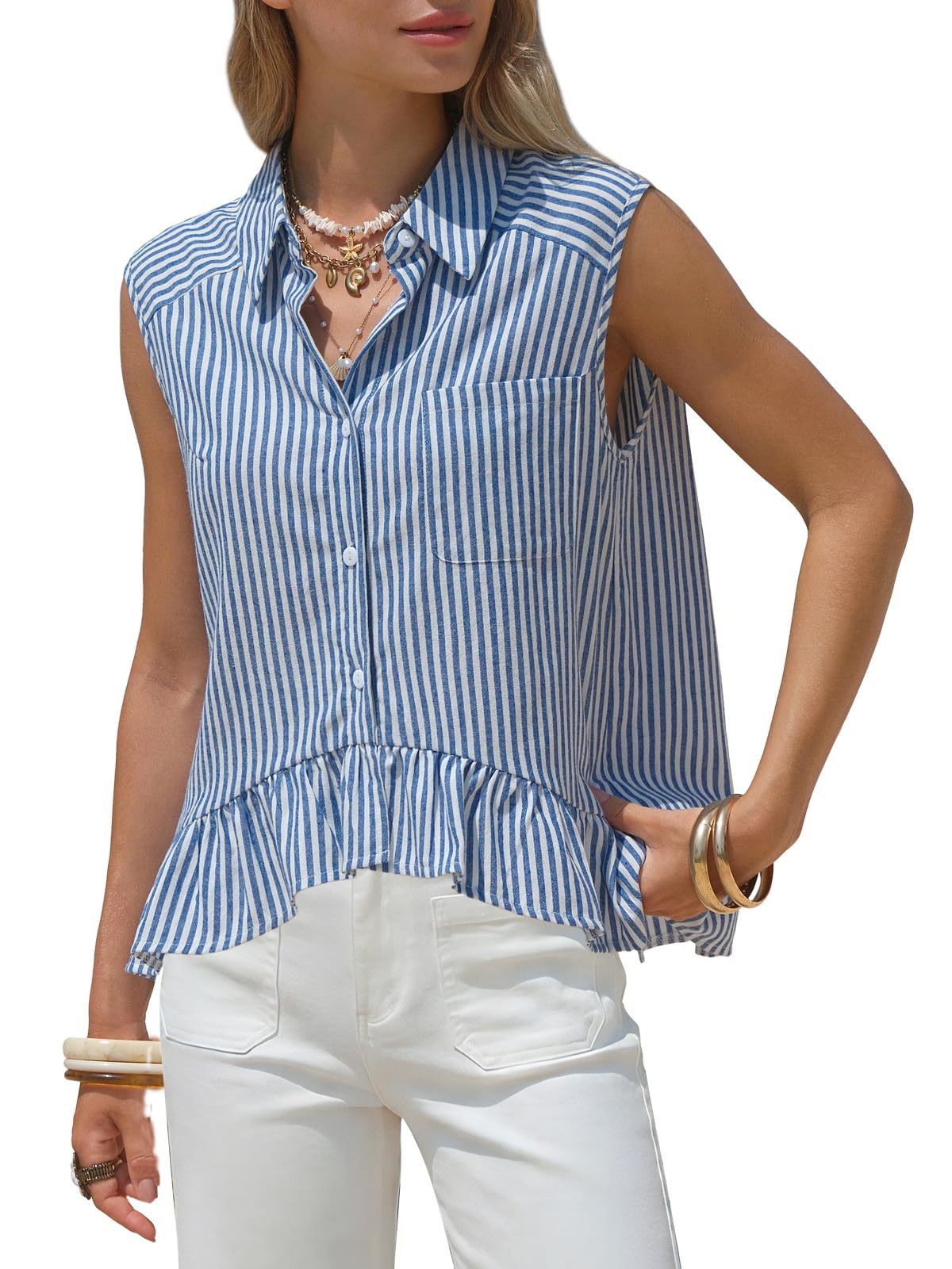 Women's Sleeveless Striped Shirt Casual Button-Up Top Summer Style American Clothing Polyester Blouse_ecoleips.com