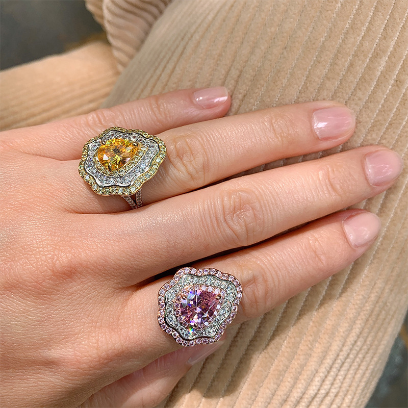 New Pink Diamond with Micro Setting Pear shaped Ring, Colorful Jewelry, Exaggerated Zircon Ring for Women_voghion.com
