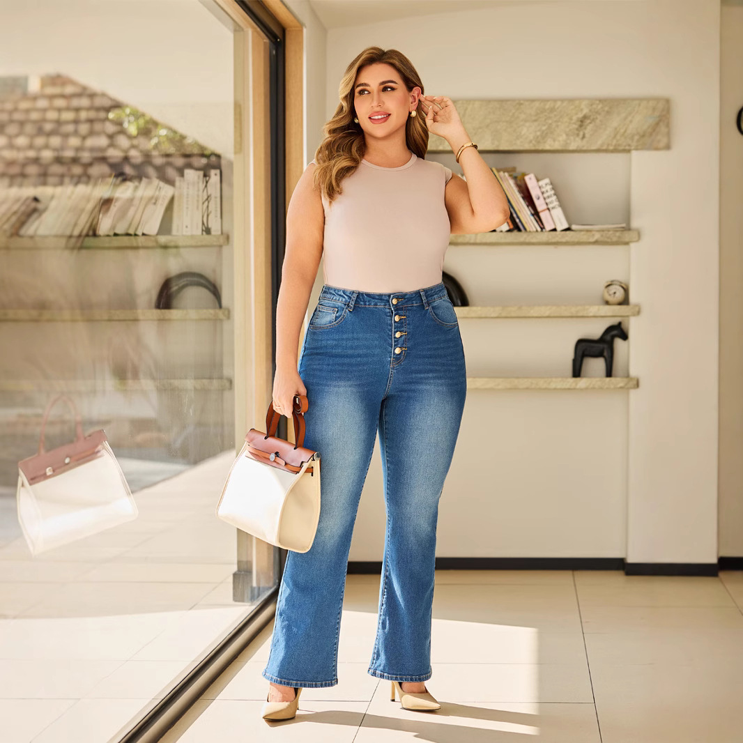 Women's High-Waisted Stretch Jeans – Classic Straight Leg Denim Pants (Black/Blue, Sizes S-XL)_mkmklike.com