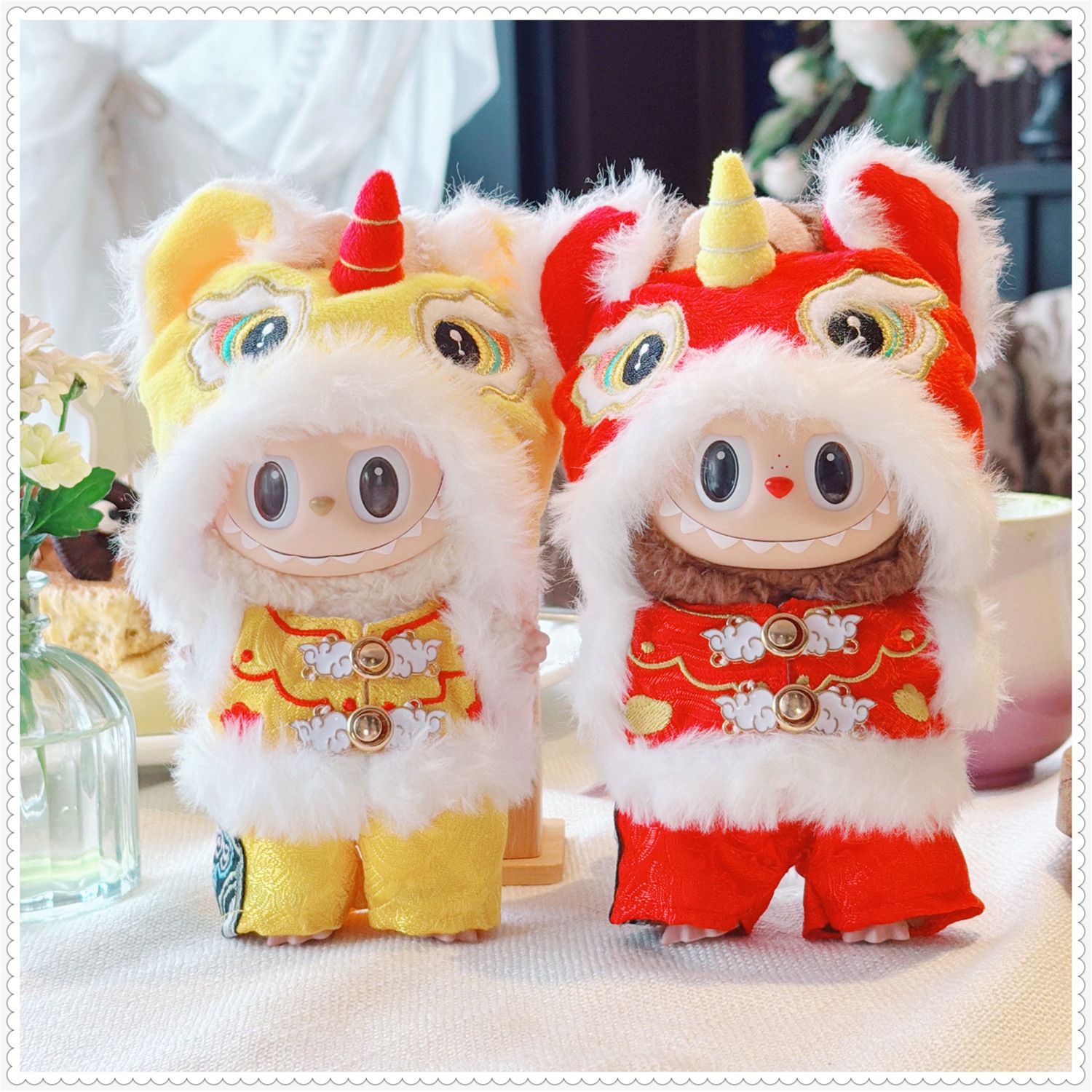 First, Second, and Third Generation Labubu Doll Clothes 17cm Labubu Sitting New Year Lion Plush Pendant with Replacement Outfit