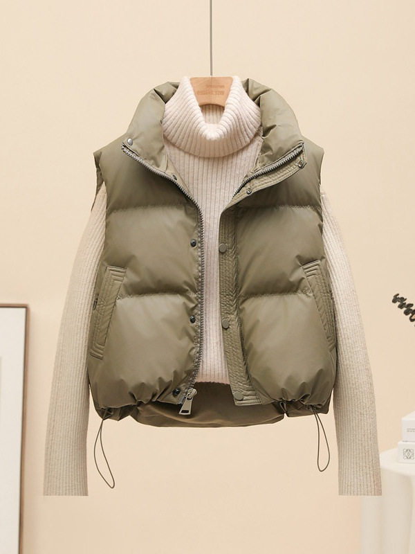 Áo khoác ngắn nữ dáng vest cổ đứng, phối túi khóa kéo ngực, giữ ấm mùa đông — Màu trắng nhạt, Xanh quân đội, màu đen, nâu