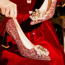 秀禾服婚鞋女2023秋新款女鞋女士结婚粗高跟新娘鞋红色高跟鞋