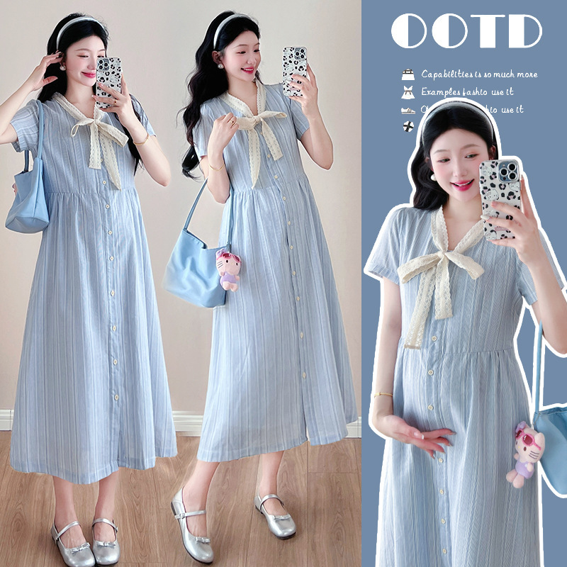 Actual Shot ~ Summer Korean Style Elegant Stripesd V Neck Lace Bow Maternity Dress Slim Fit Maternity Versatile