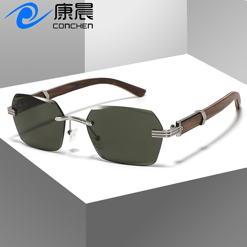 Cross-Border New Frameless Sunglasses for Men, Fashionable Sun Protection Wooden Interlayer Lenses, Beveled High-End Sunglasses for Women