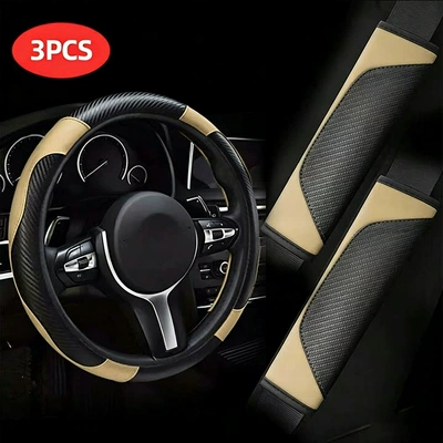 Steering wheel cover, cover without inner ring, carbon fiber - khaki-three-piece-set-38cm