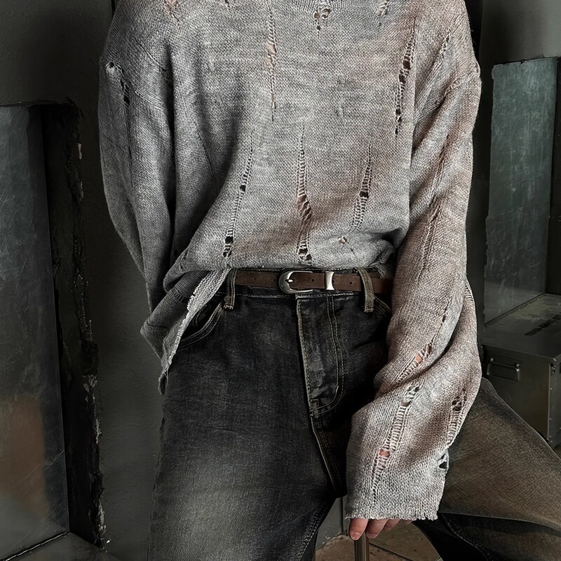 American-style U-neck distressed knitted long-sleeve T-shirt for men, vintage niche top, sun protection shirt, lightweight and casual fashion American-style U-neck distressed knitted long-sleeve T-shirt for men, vintage niche top, sun protection shirt, lightweight and casual fashion