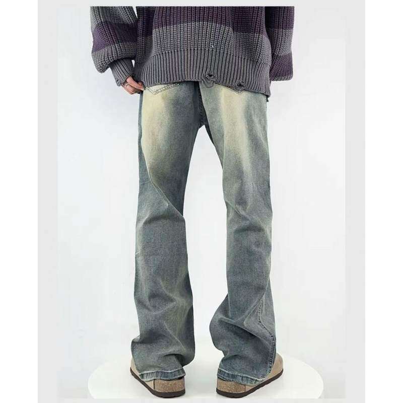 Jean droit délavé vintage avec évasement subtil – Pantalon en denim extensible (taille basse, détails peints à la main, tenue décontractée printanière, tailles M à 4XL)_voghion.com