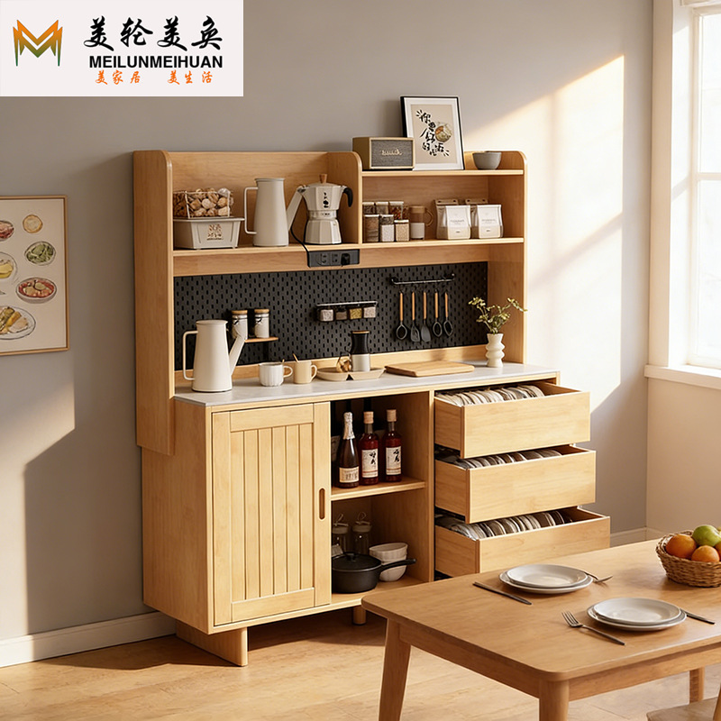 Solid Wood Rubber Wood Tea Cabinet with sliding door Cupboard Rock Board Countertop Upgraded Hole Board with Bull Socket Sideboard