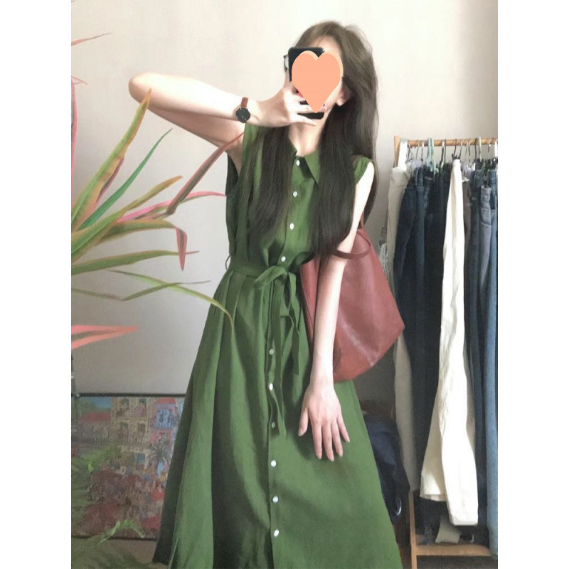 绿色无袖衬衫连衣裙女夏季新款高级设计感宽松显瘦系带气质长裙子|undefined