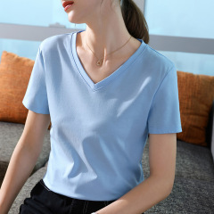 涼しいシルク綿半袖tシャツ2025新型女装気質vネック純綿上着純色ウエスト上着卸売り
