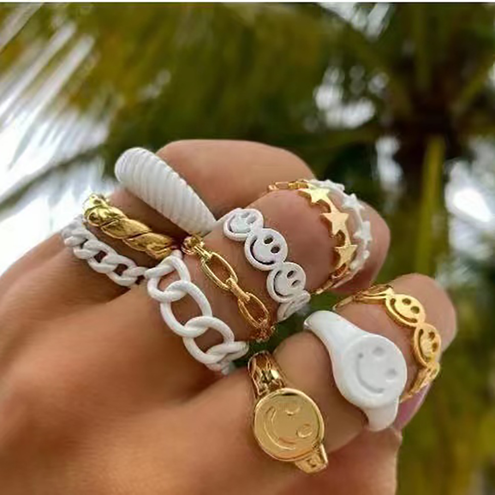 New Personality Stitching Star Smiley Face Hollow Ring Opening Adjustment 11-piece Rings display picture 2