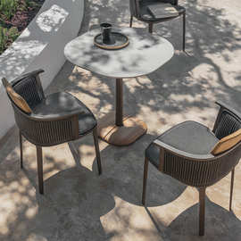 北欧户外桌椅庭院家具阳台柚木藤椅三件套室外咖啡厅藤编餐椅软装