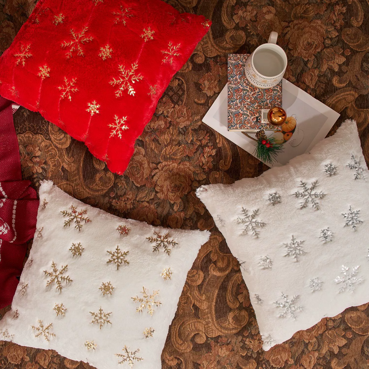 Чехол для подушки с плюшевой снежинкой Temu Amazon, золотая вышивка пайетками, декоративный чехол для подушки на Рождество