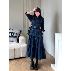 韩版轻熟风领长袖牛仔连衣裙女秋季新款法式收腰显瘦衬衫长裙
