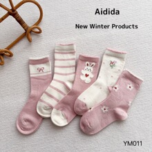 爱嘀嗒冬季加厚羊毛袜女孩粉色卡通兔保暖袜地板发热袜羊绒学生袜