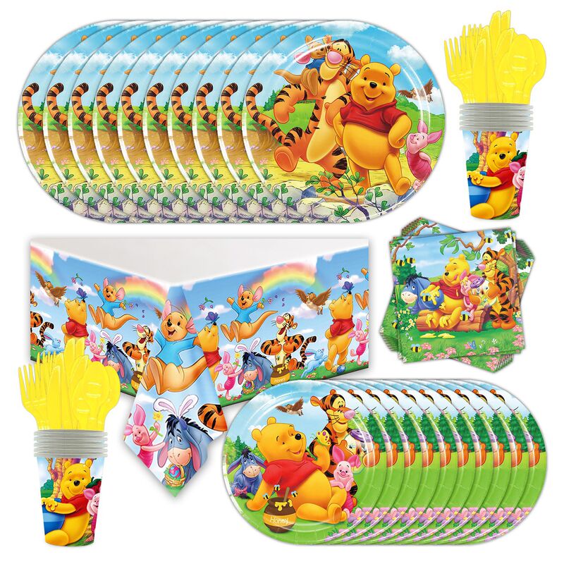 Cartoon Winnie the Pooh themed holiday party decoration set, including paper plates, napkins, paper cups, and disposable tableware Cartoon Winnie the Pooh themed holiday party decoration set, including paper plates, napkins, paper cups, and disposable tableware