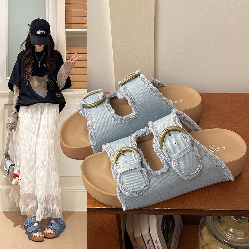 Denim Birkenstock-Style Slippers for Women, Summer 2026 New Model, French Style, Elegant and Stylish, Thick-Soled Beach Slide Sandals