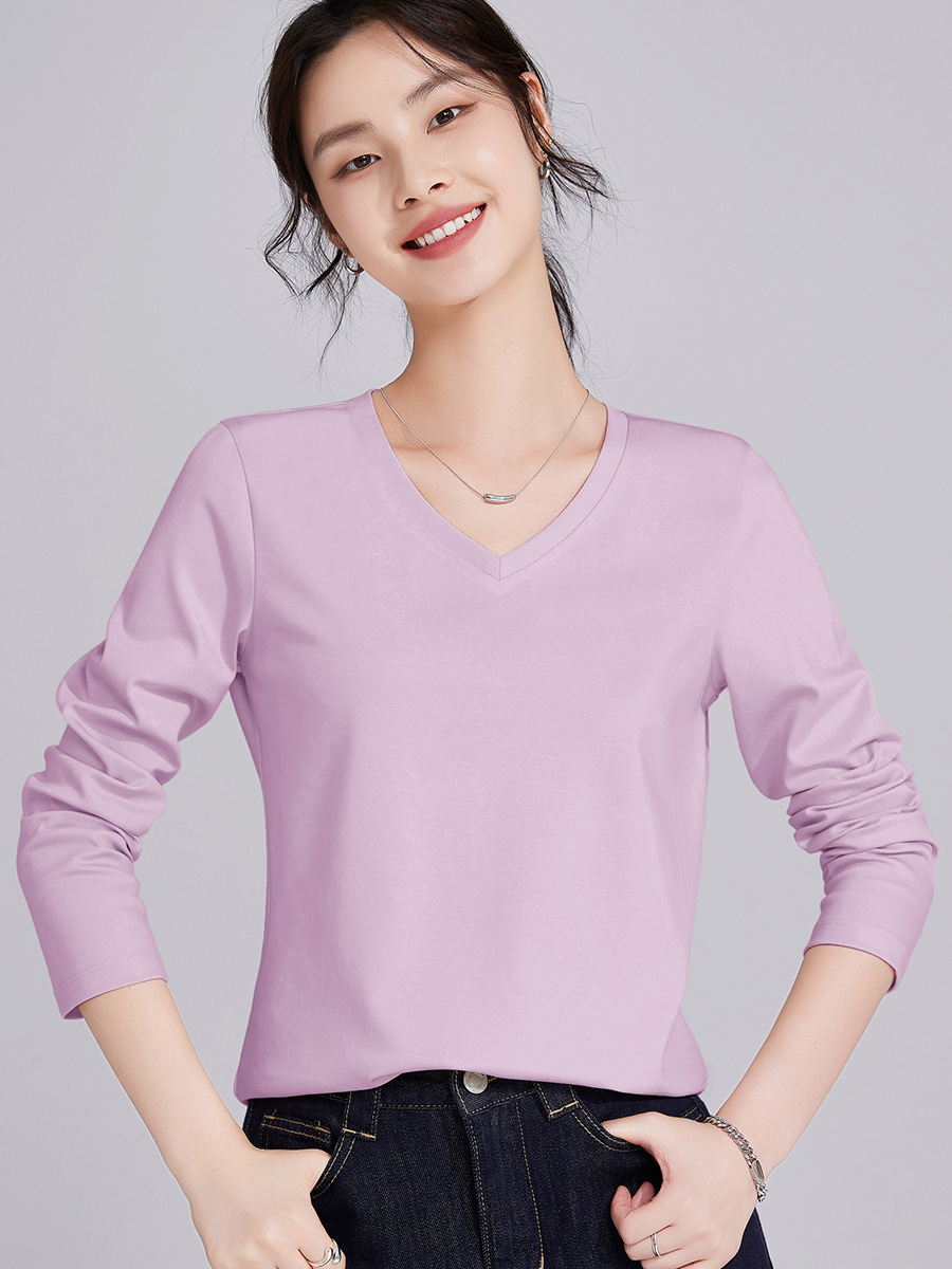 Camiseta básica de mujer para primavera y verano 2026, camiseta de manga larga con cuello en V, holgada, de algodón mercerizado de doble cara de 80 hilos, top para mujer image 5