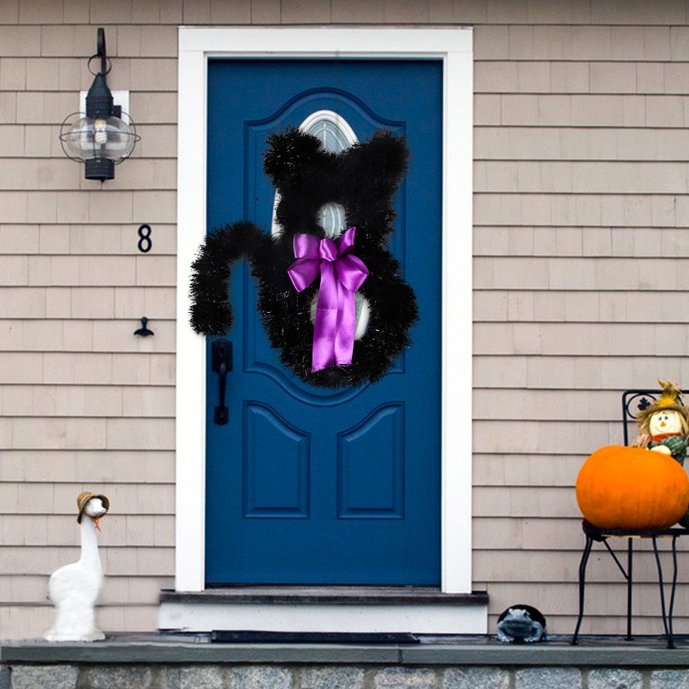 Adorno Colgante de Halloween 2025, Estilo Americano, Aro de Mimbre Plegable con Forma de Gato, Decoración Negra para el Hogar, Colgante DIY