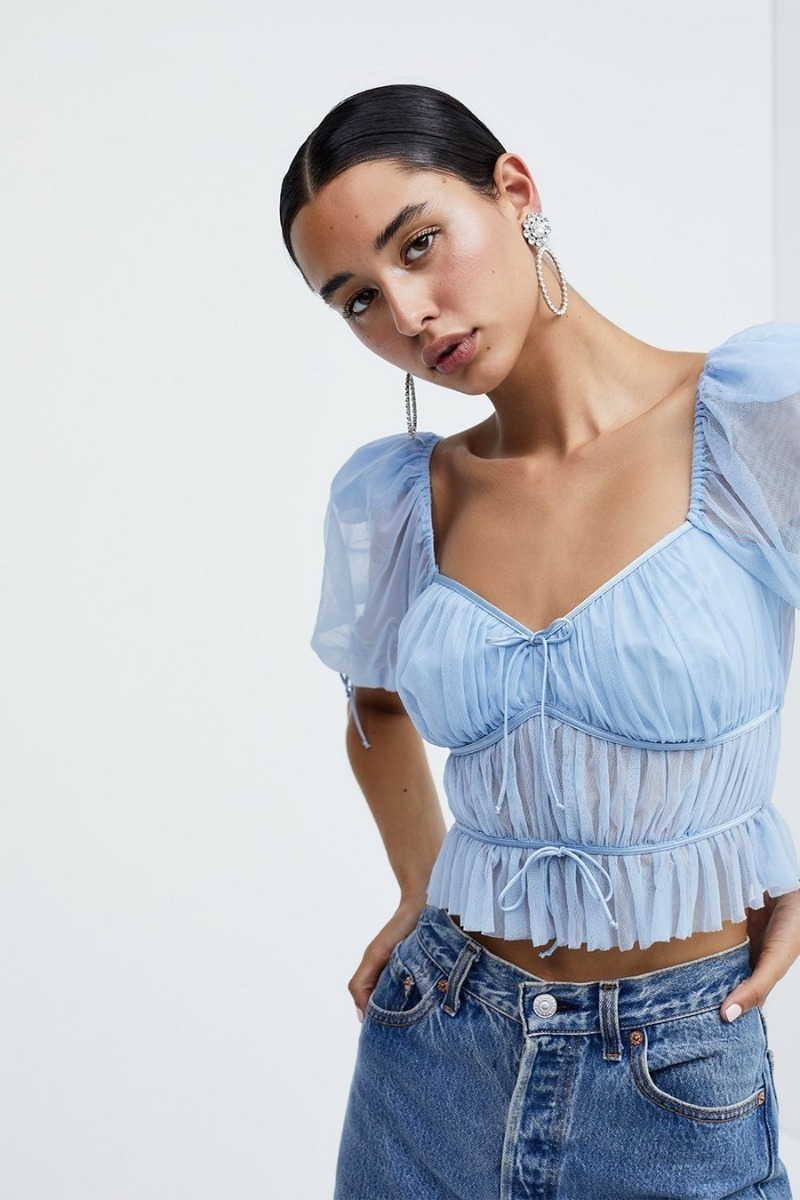 solid color pleated lace-up short sleeve top NSXDX117329