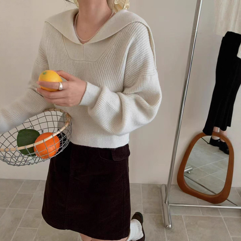 韩系秋冬新款翻领设计感纯色减龄短款休闲厚实套头毛衣女简约上衣|undefined