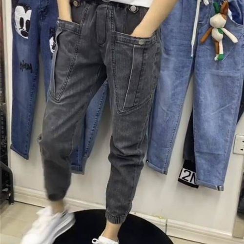 Mom Jeans Loose High-Waisted Work Pants with Elastic Waist, Wide Leg, Cuffed Hem, 9/10 Length, Denim Striped