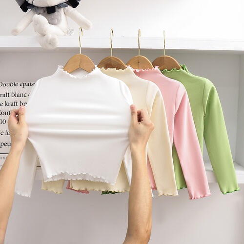 Children's T-shirt wholesale, solid color mushroom edge children's top, base shirt for girls, long-sleeved T-shirt for autumn.