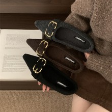 2025年新款毛毛鞋女冬外穿尖头浅口金属扣加绒保暖豆豆单鞋