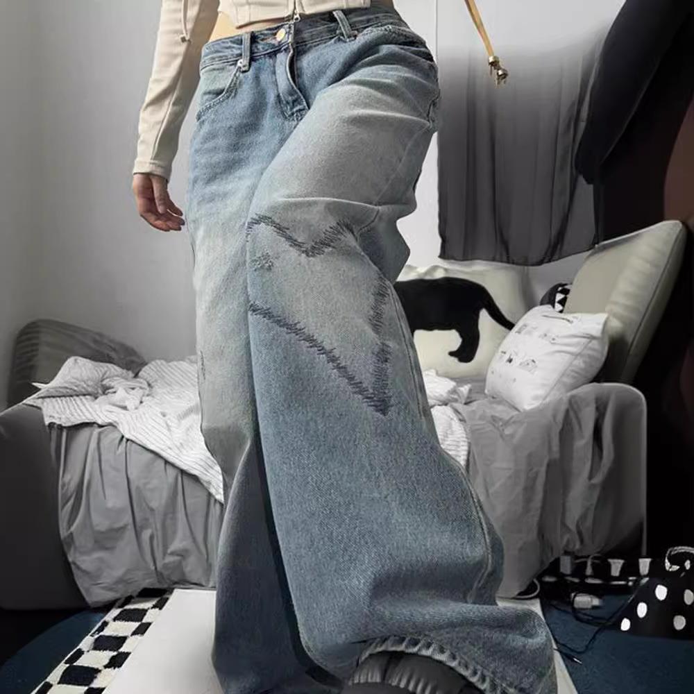 Women's Clothing Vintage Floral Print Low-Rise Wide-Leg Jeans For Women – Plus Size Comfort & Retro Style_mkmklike.com