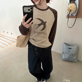 016慵懒氛围感撞色插肩袖加厚T恤女复古飞鸟图案软糯日常打底衫女