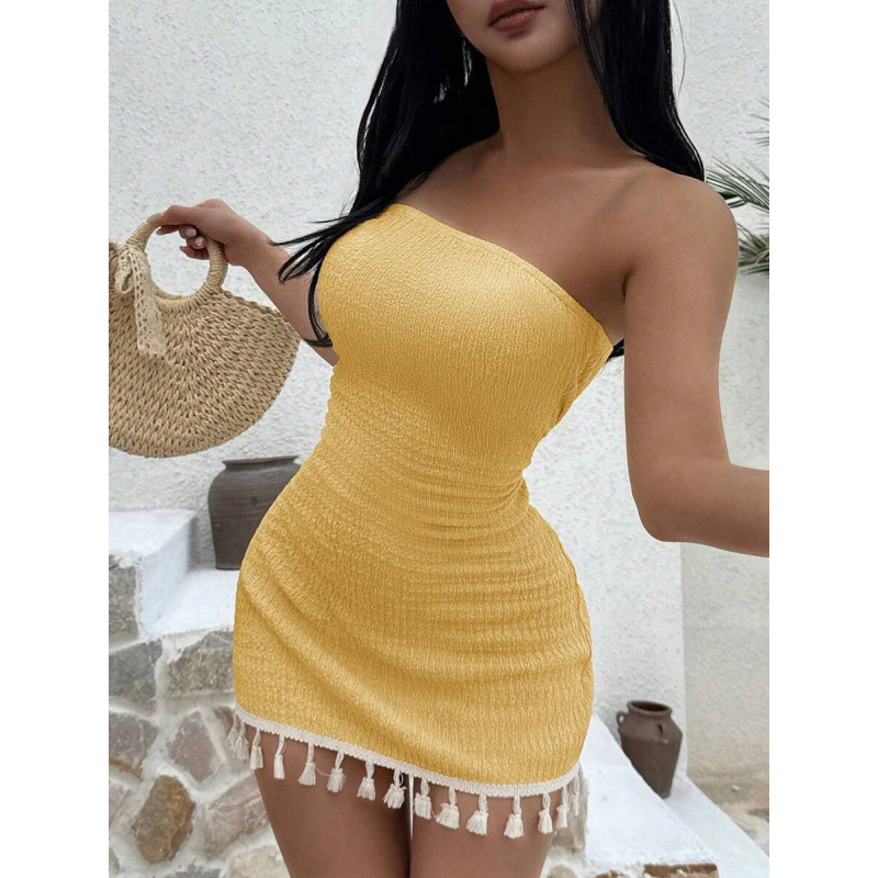 D 11894 comercio exterior transfronterizo tela de textura sexy sin cinturón de hombro vestido de costura de borda