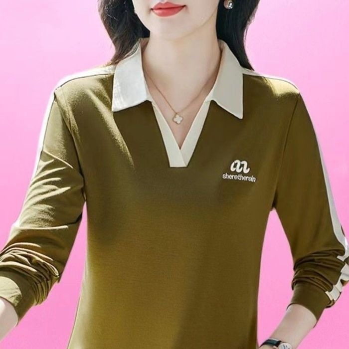长袖t恤女洋气春秋跨境新款上衣打底衫中年妈妈装翻领修身polo衫