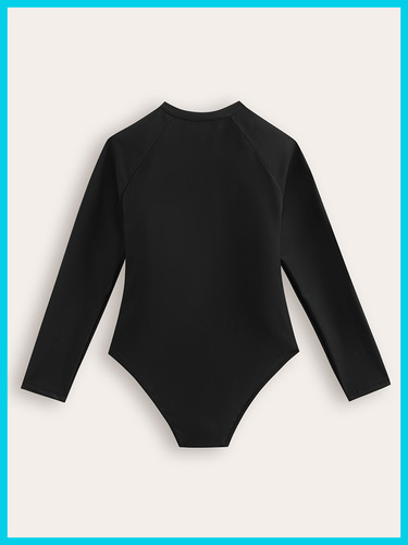 Long-sleeved conservative children's swimsuit, pure color, medium and large girl's zipper one-piece swimsuit, cross-border foreign trade swimsuit