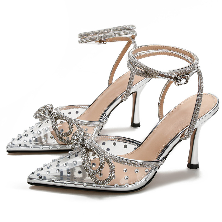 New rhine-diamond transparent high heel sandals women's fine heel pointed high heels with a line with a bun head_voghion.com
