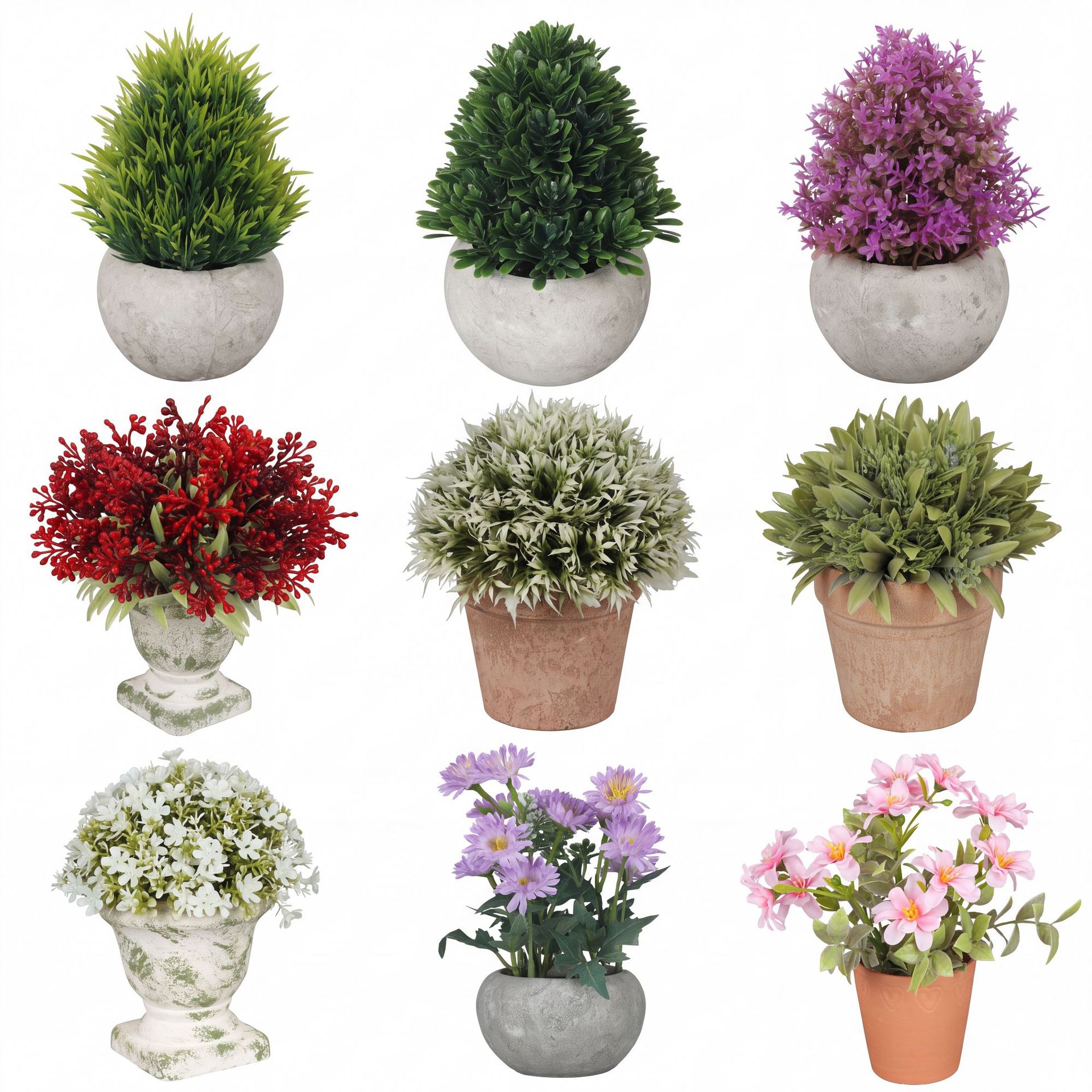 Planta Verde y Flor Artificial en Maceta de Plástico, Decorativo, para Escritorio y Hogar