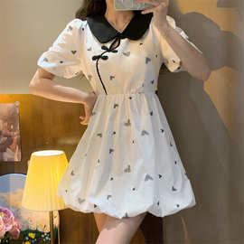 韩系中国风旗袍改良娃娃领泡泡袖遮肉蓬蓬裙爱心印花连衣裙女夏季