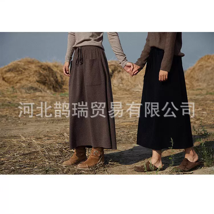 爆款秋冬新款女士插兜半身长裙休闲柔软双兜羊毛A字裙伞裙批发