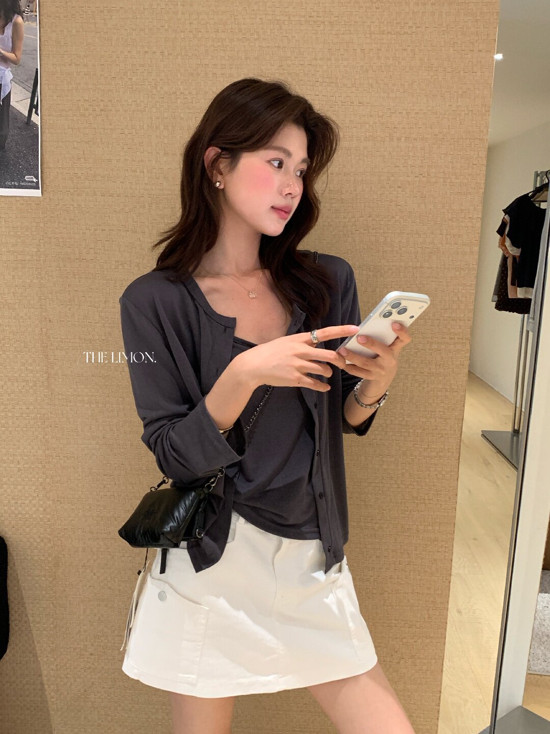 Bộ cardigan len mỏng kèm áo hai dây hai mảnh nữ mùa hè — Xám cacbon, xanh lam, màu hồng, Đậu xanh chi tiết 59